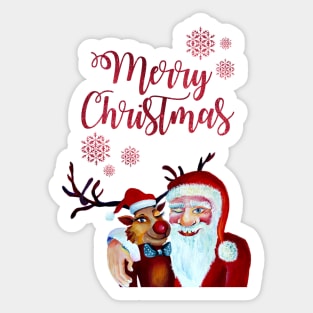 Smiling Santa with Funny Rudolph Watercolor Sticker